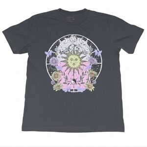 Youth Celestial Sun Moon Floral Graphic T-Shirt Charcoal Gray Top Large